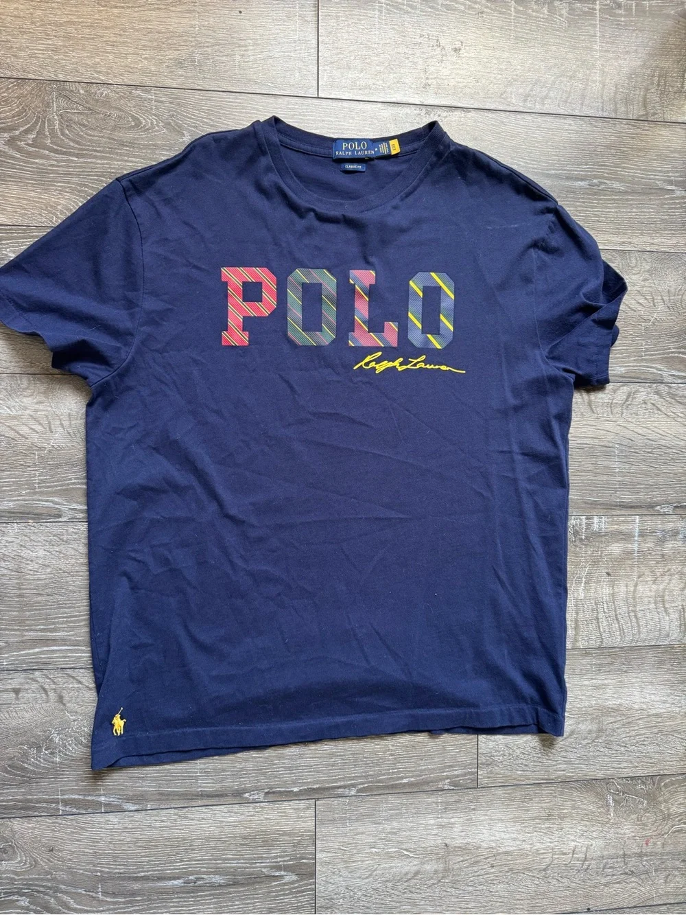 Polo by Ralph Lauren Navy Striped Logo Tee with Yellow Script